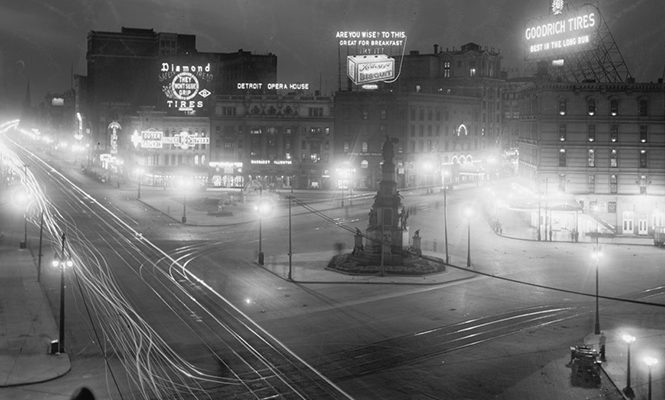 A night view of the Soldiers and Sailors Monument in Campus Martius. Circa 1910. Photo from the Library of Congress.